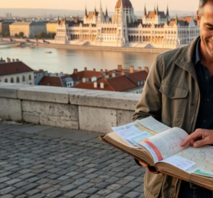 Boldog utazók naplementében egy hegytetőn