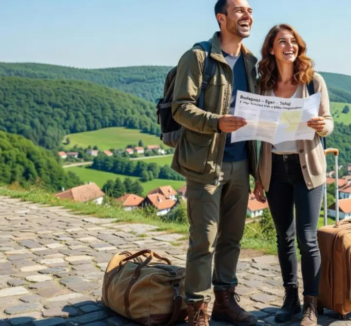 Utazó egy hegycsúcson, panorámás kilátással a tájra.