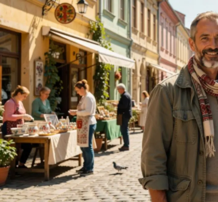 Mosolygó utazó portréja egy úti cél hátterével