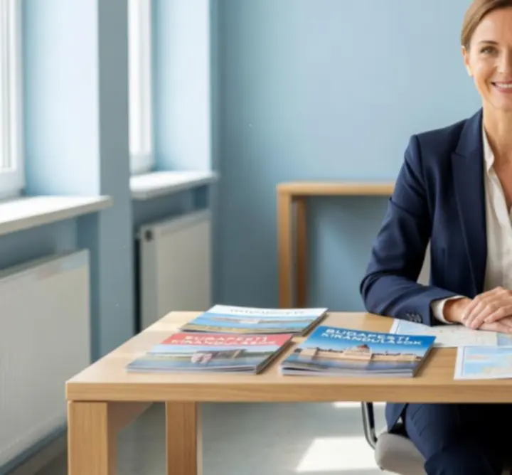 Barátságos utazási tanácsadó mosolyogva egy világos irodatérben.