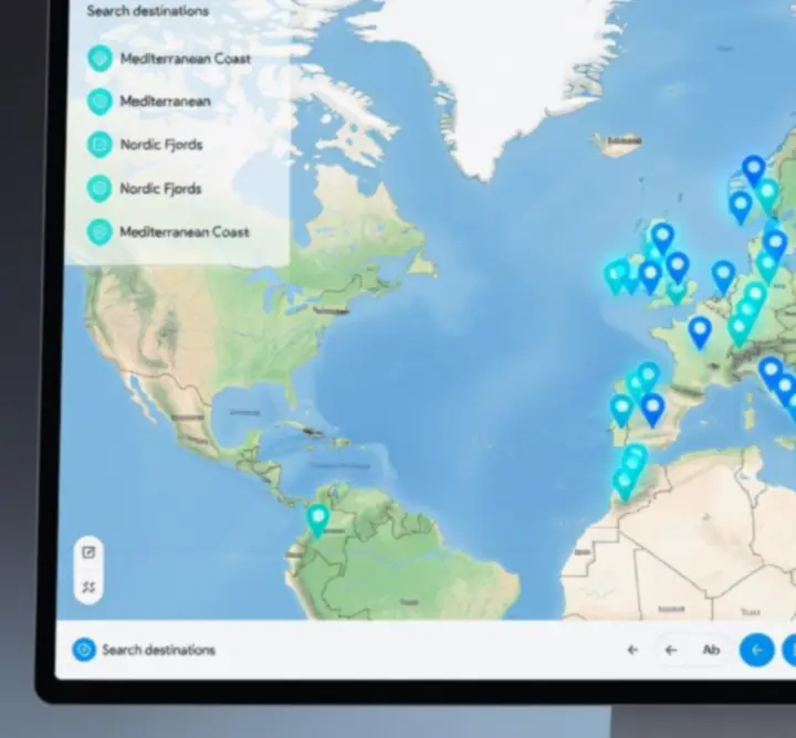 Interaktív úti cél térkép, kiemelt pontokkal különböző országok felett.