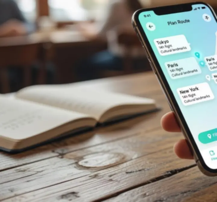 Utazó okostelefonon böngészi az interaktív térképet, úti cél jelölőkkel.