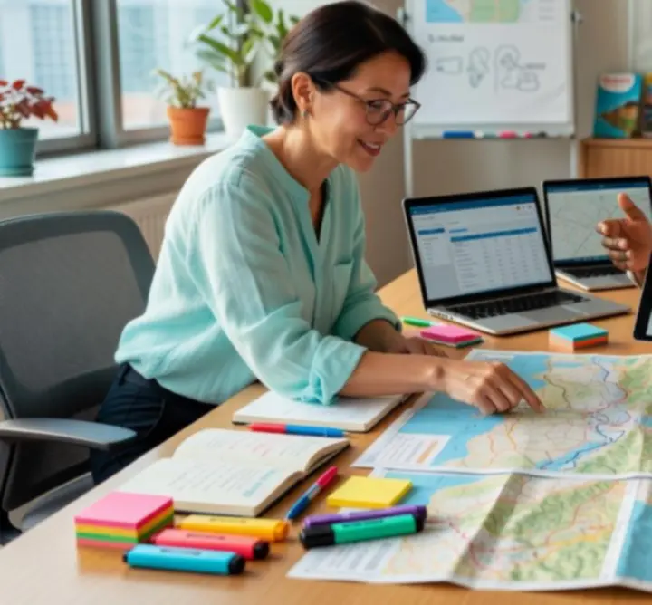 Csapat közösen tervez utazási útvonalakat egy irodában