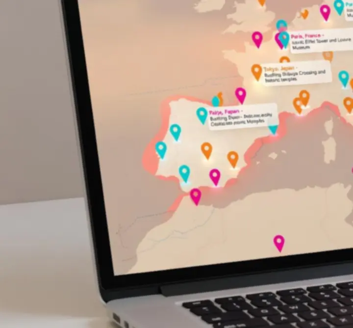 Térkép több, kiemelt utazási célpontot jelölő térkép ikonnal.