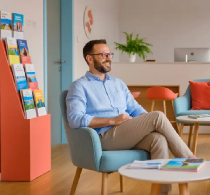 Mosolygó utazók hátizsákkal festői úti célon